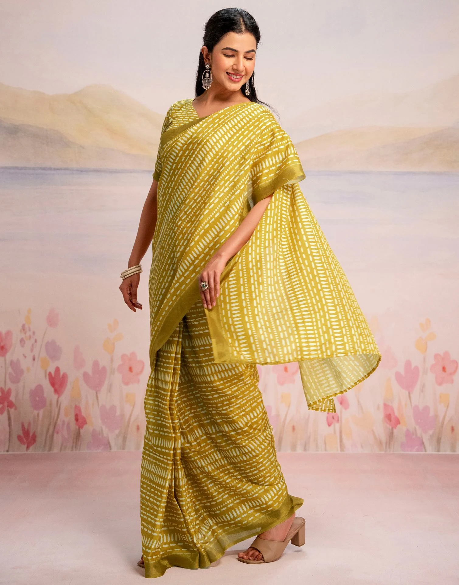 Ready To Wear Lime Yellow Linen Printed Saree - Image 9