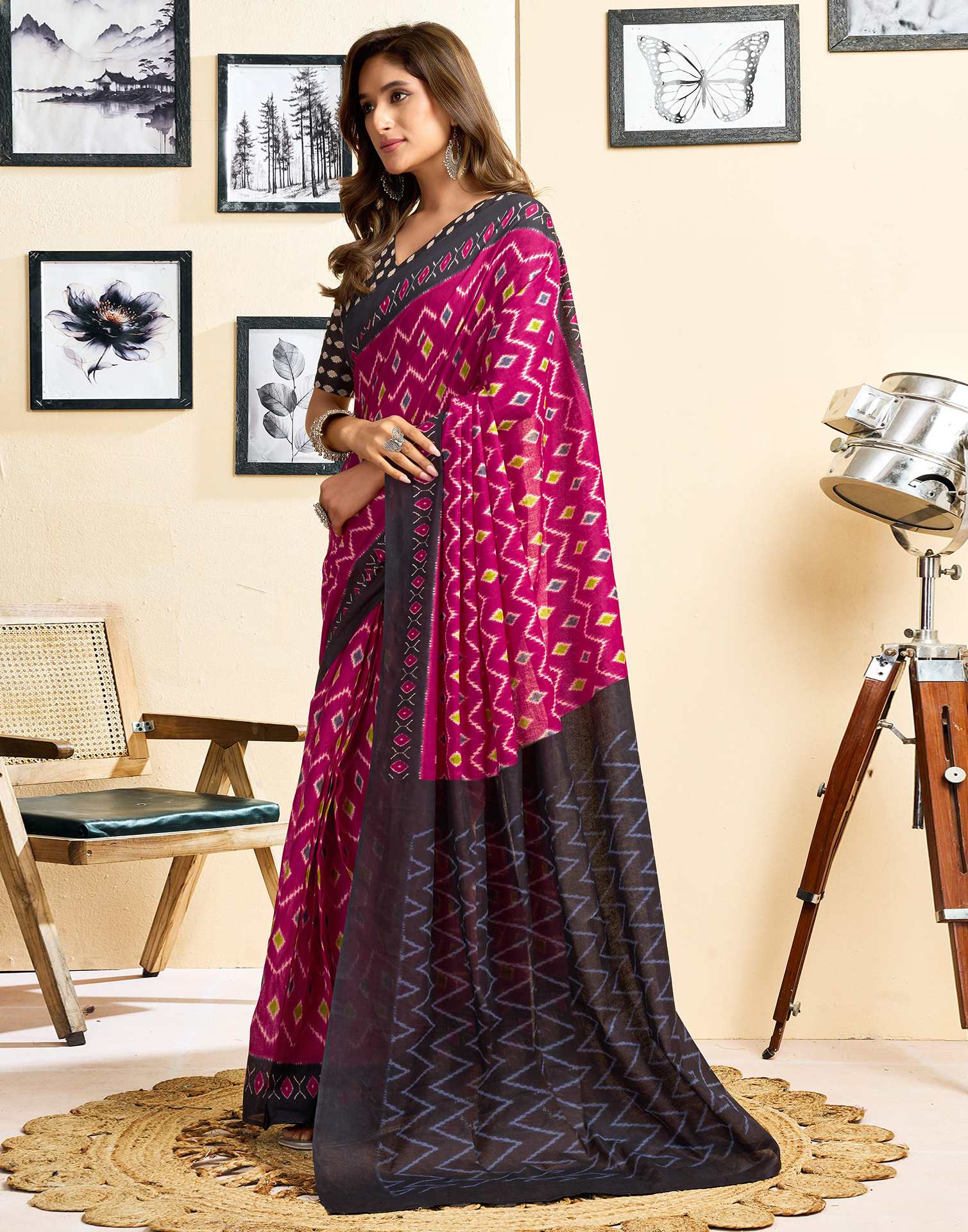 Ready To Wear Magenta Cotton Ikkat Printed Saree - Image 5