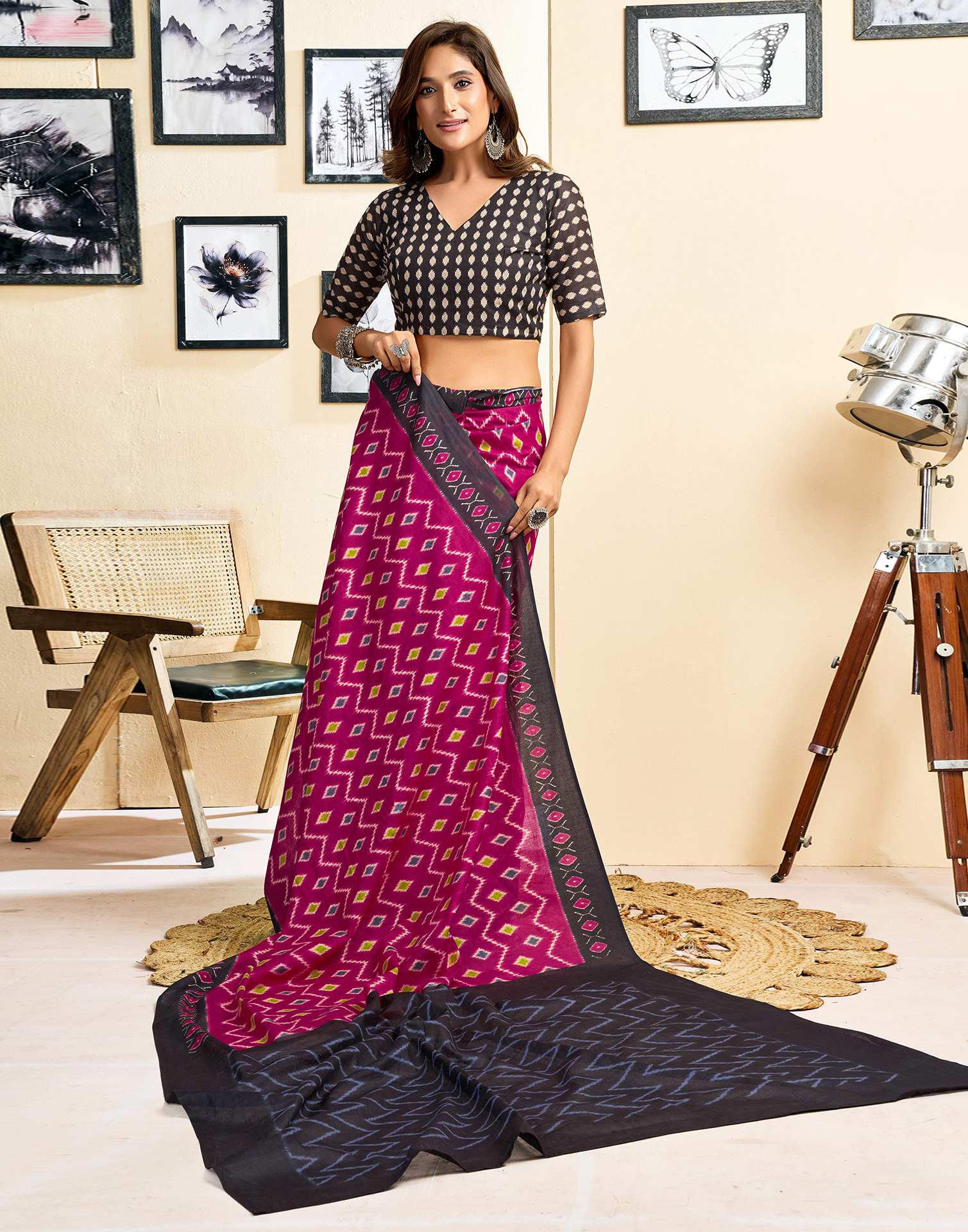 Ready To Wear Magenta Cotton Ikkat Printed Saree - Image 8