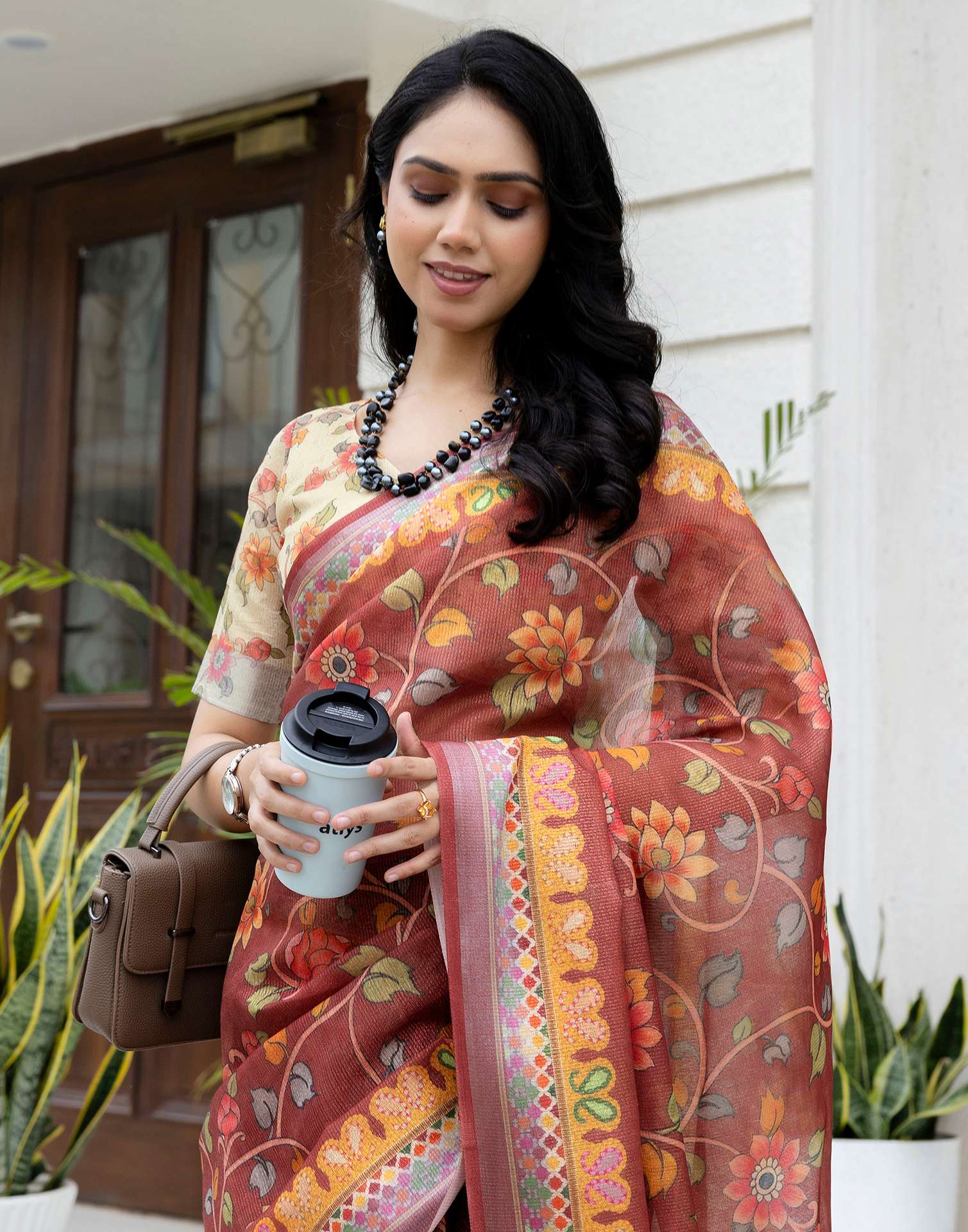 Ready To Wear Maroon Cotton Printed Saree - Image 2