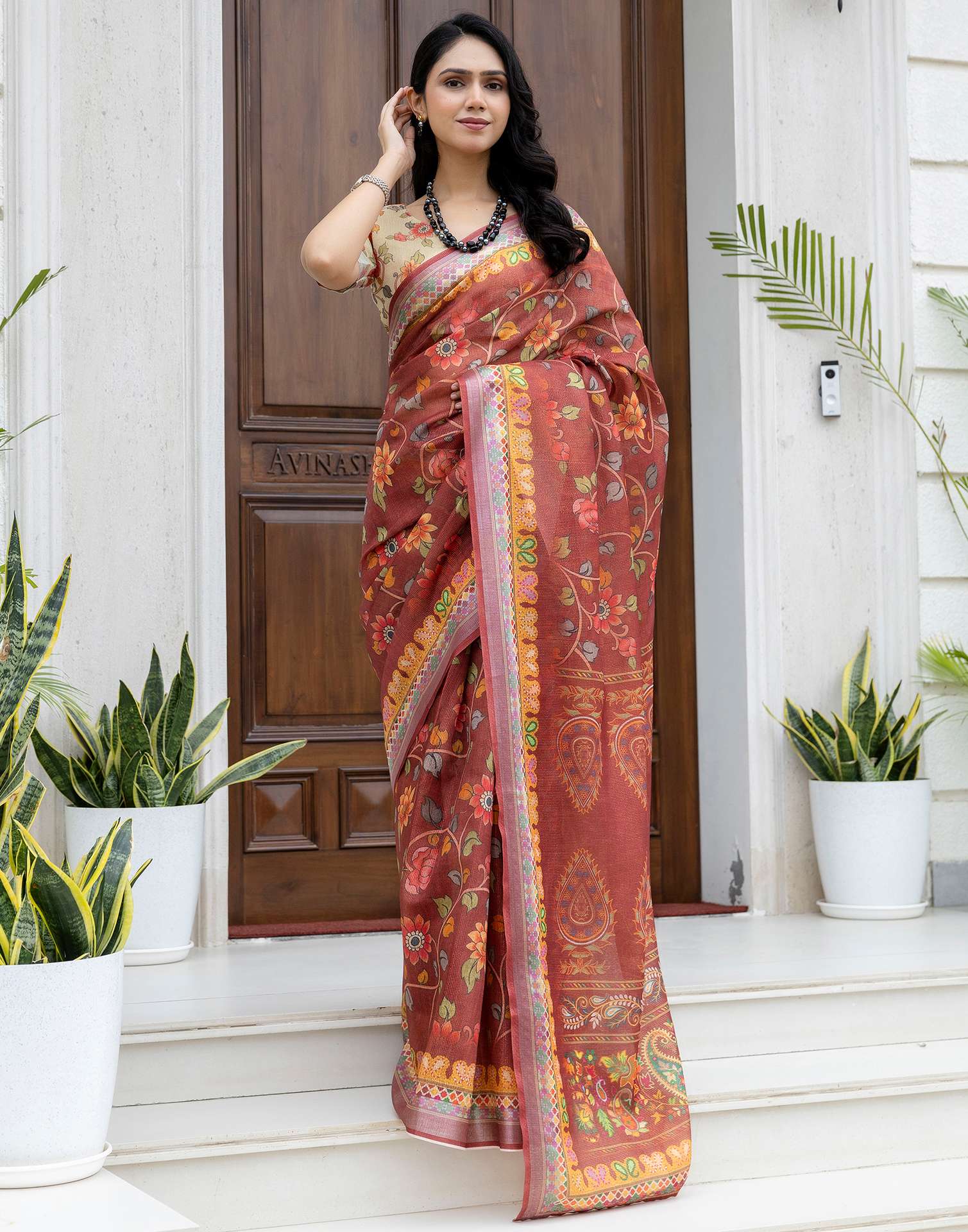 Ready To Wear Maroon Cotton Printed Saree - Image 5