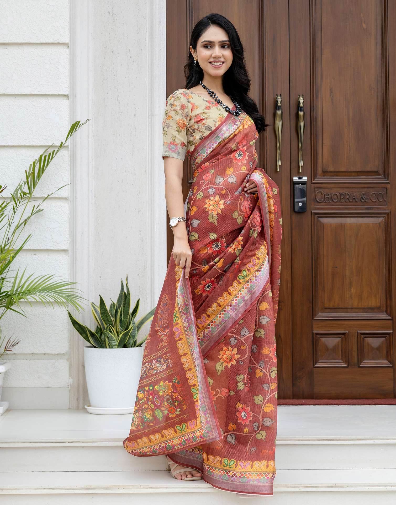 Ready To Wear Maroon Cotton Printed Saree - Image 7
