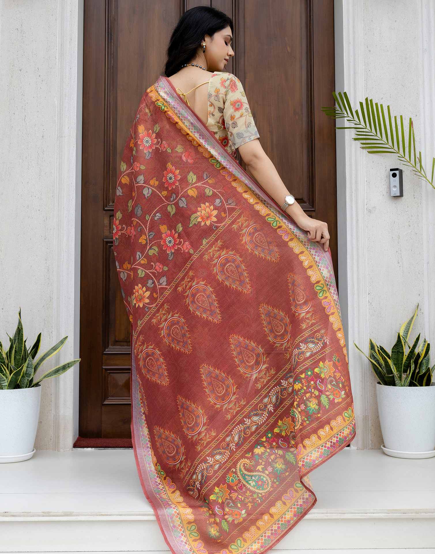 Ready To Wear Maroon Cotton Printed Saree - Image 8
