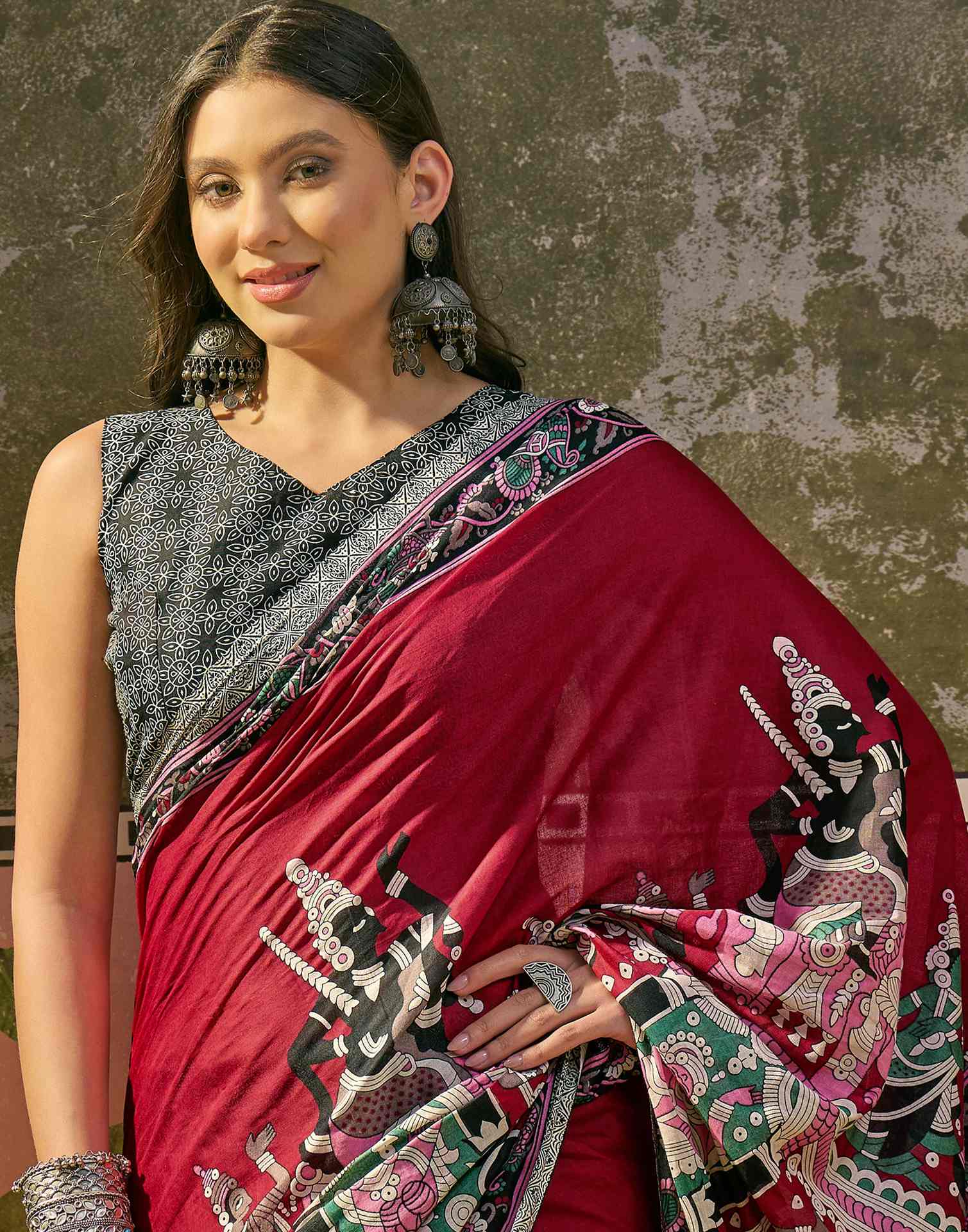 Ready To Wear Maroon Cotton Printed Saree - Image 2