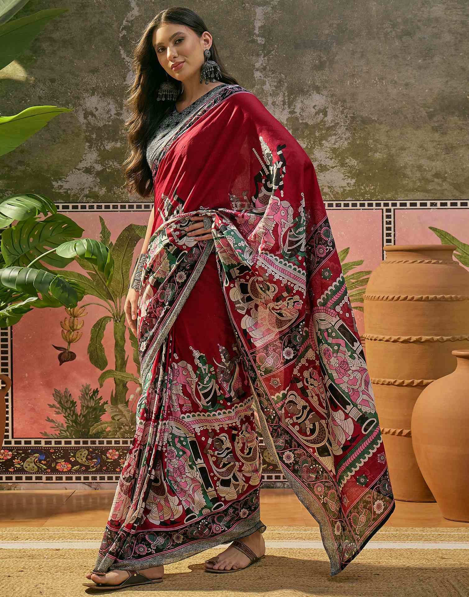 Ready To Wear Maroon Cotton Printed Saree - Image 4