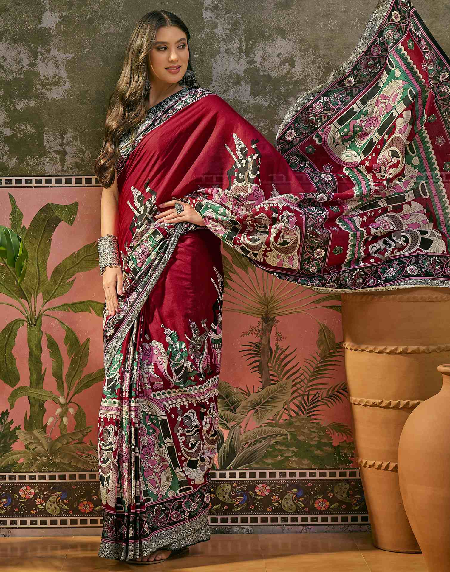 Ready To Wear Maroon Cotton Printed Saree - Image 5
