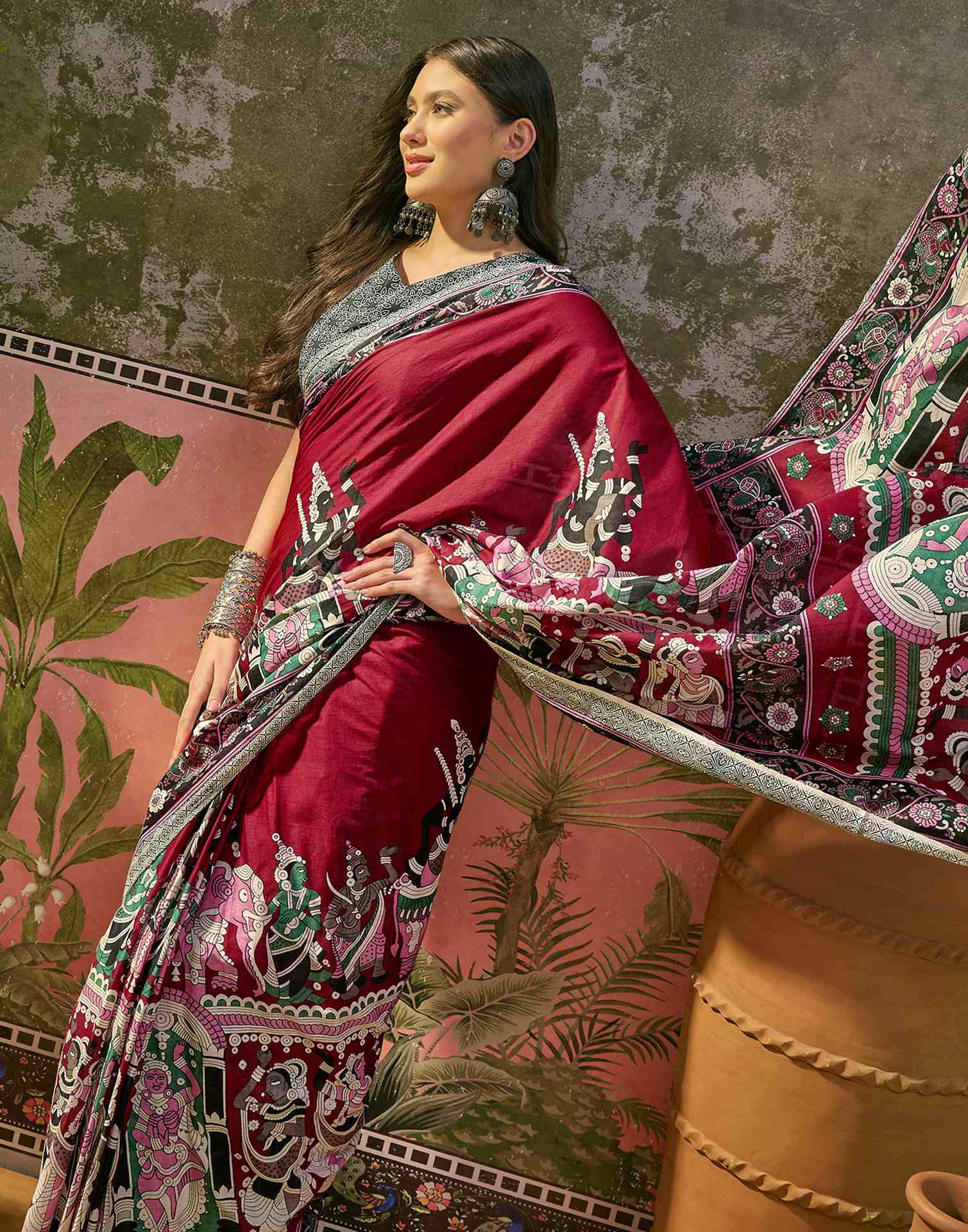 Ready To Wear Maroon Cotton Printed Saree - Image 7