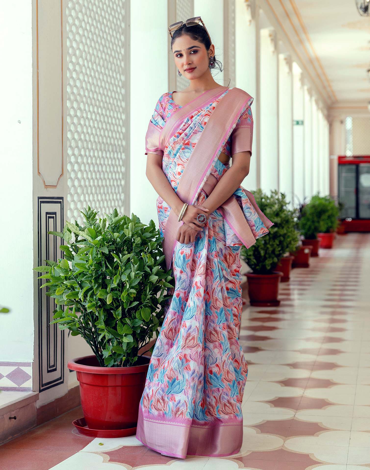 Ready To Wear Mauve Dola Silk Woven Border Printed Saree - Image 6