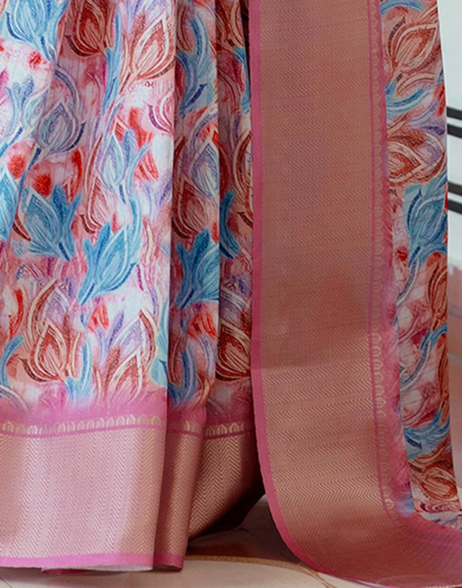Ready To Wear Mauve Dola Silk Woven Border Printed Saree - Image 8