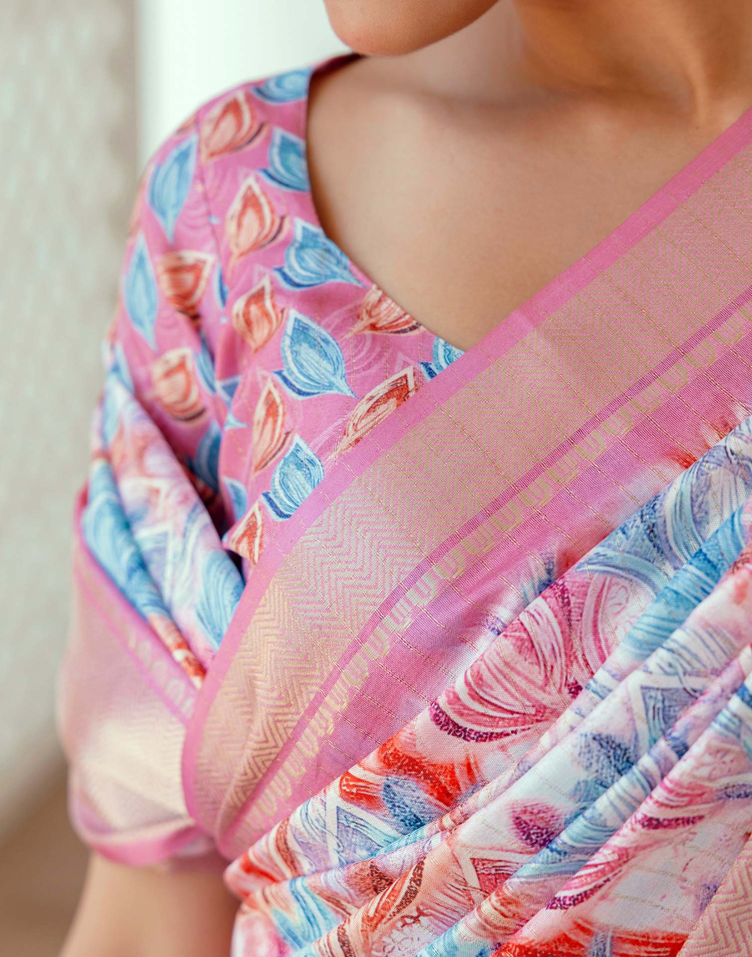 Ready To Wear Mauve Dola Silk Woven Border Printed Saree - Image 9