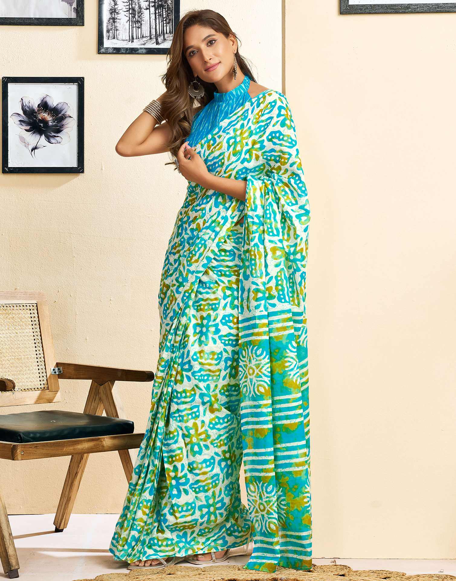 Ready To Wear Multicoloured Cotton Printed Saree With Pocket - Image 6