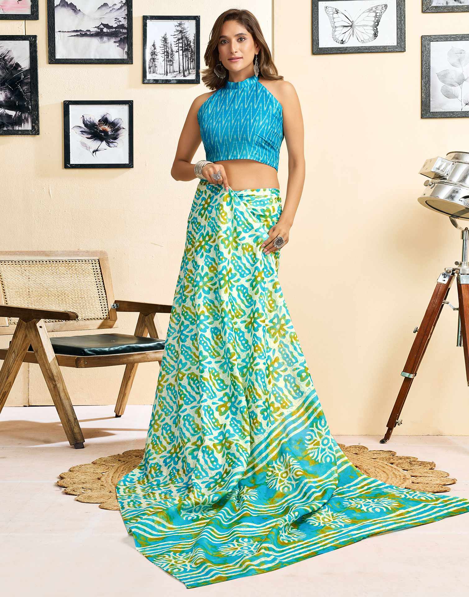 Ready To Wear Multicoloured Cotton Printed Saree With Pocket - Image 8