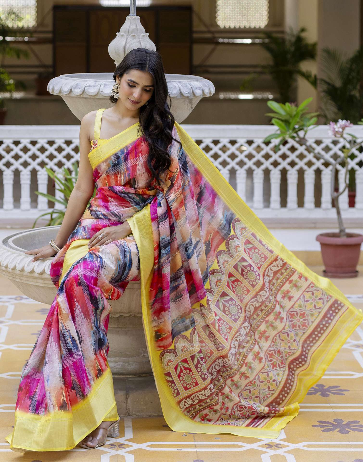 Ready To Wear Multicoloured Dola Silk Printed Saree - Image 10