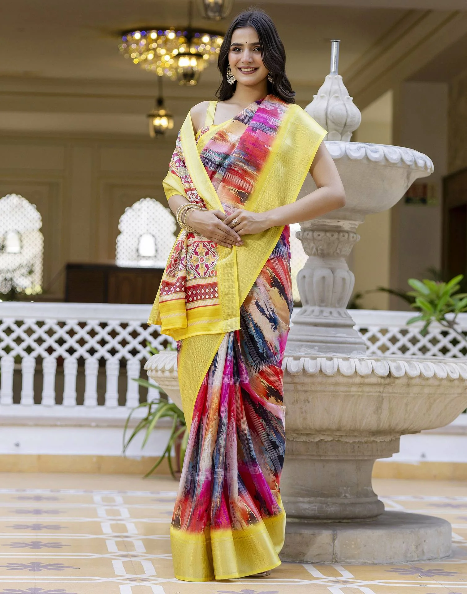 Ready To Wear Multicoloured Dola Silk Printed Saree - Image 8