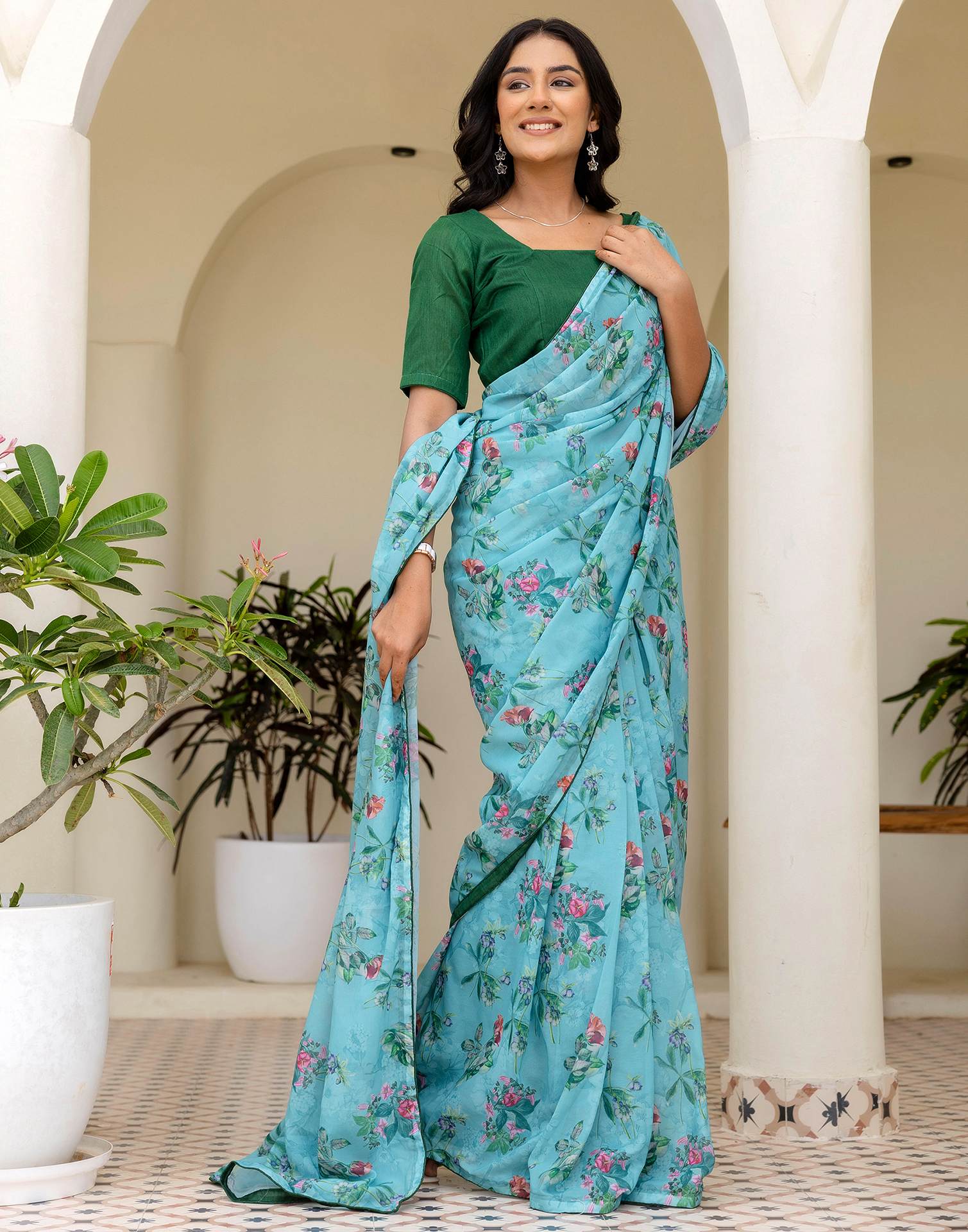 Ready To Wear Multicoloured Georgette Floral Printed Saree - Image 7