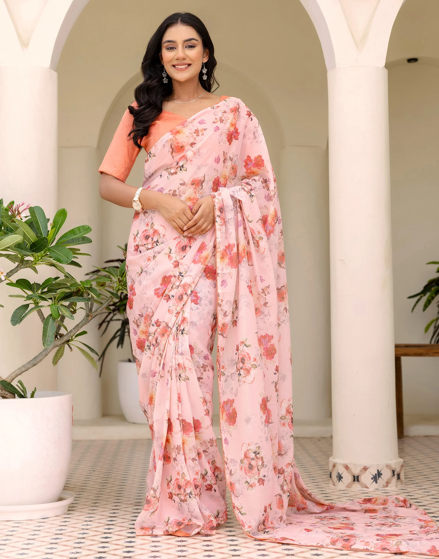Ready To Wear Multicoloured Georgette Floral Printed Saree