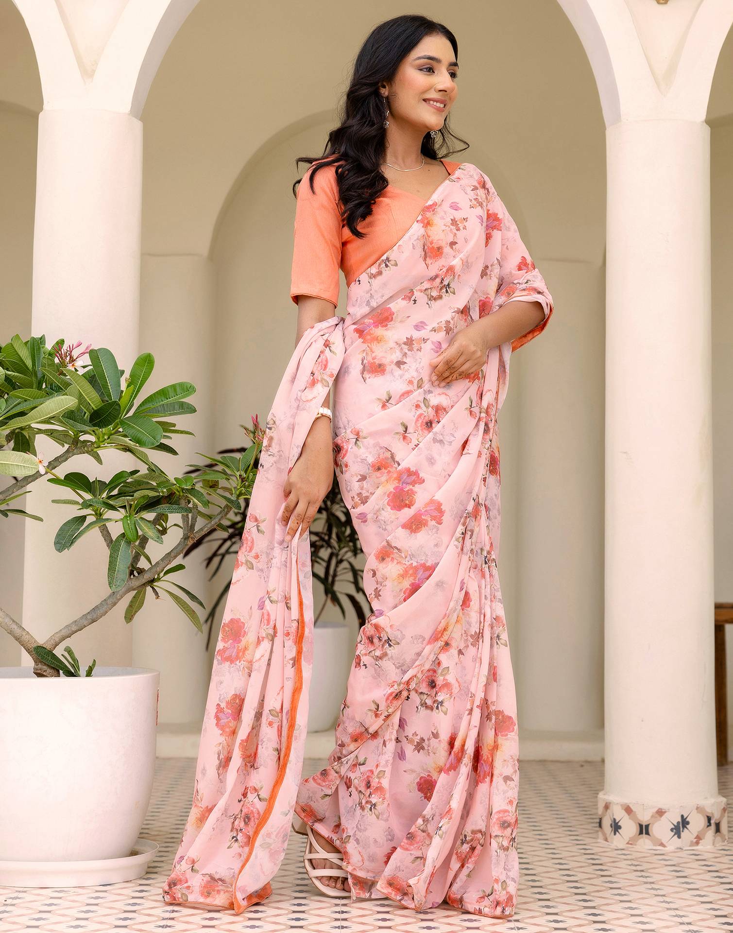 Ready To Wear Multicoloured Georgette Floral Printed Saree - Image 8