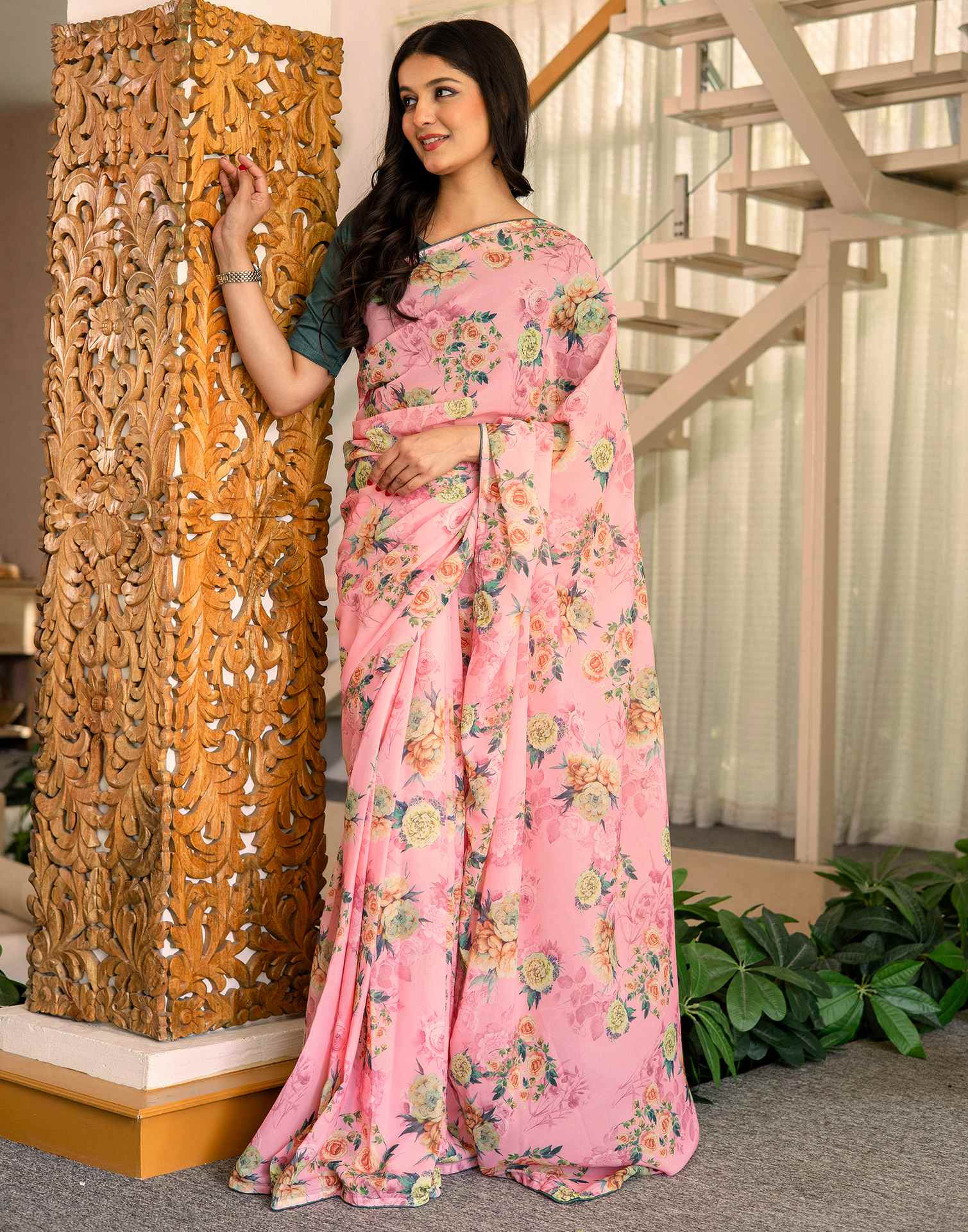 Ready To Wear Multicoloured Georgette Floral Printed Saree - Image 6