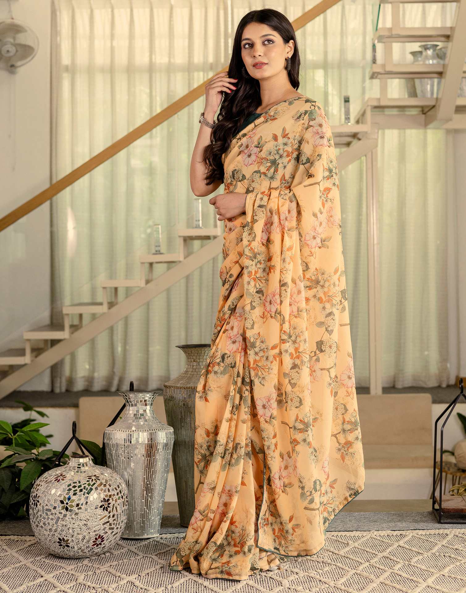 Ready To Wear Multicoloured Georgette Floral Printed Saree - Image 4