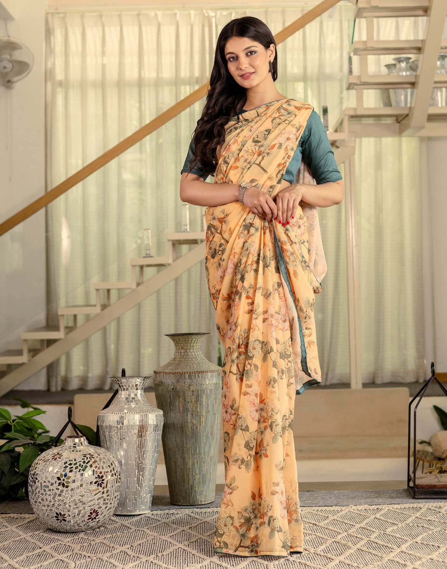 Ready To Wear Multicoloured Georgette Floral Printed Saree - Image 5