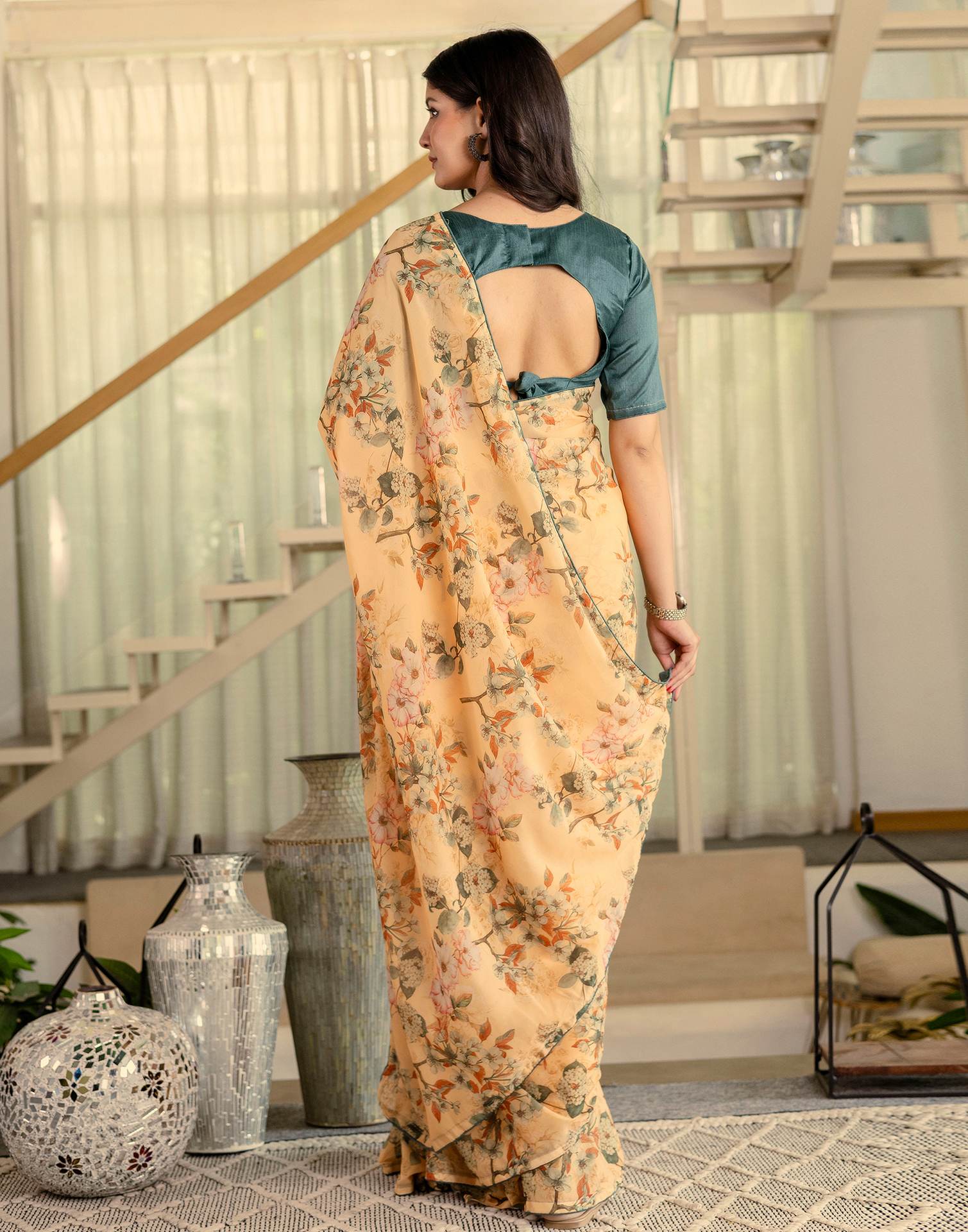Ready To Wear Multicoloured Georgette Floral Printed Saree - Image 6