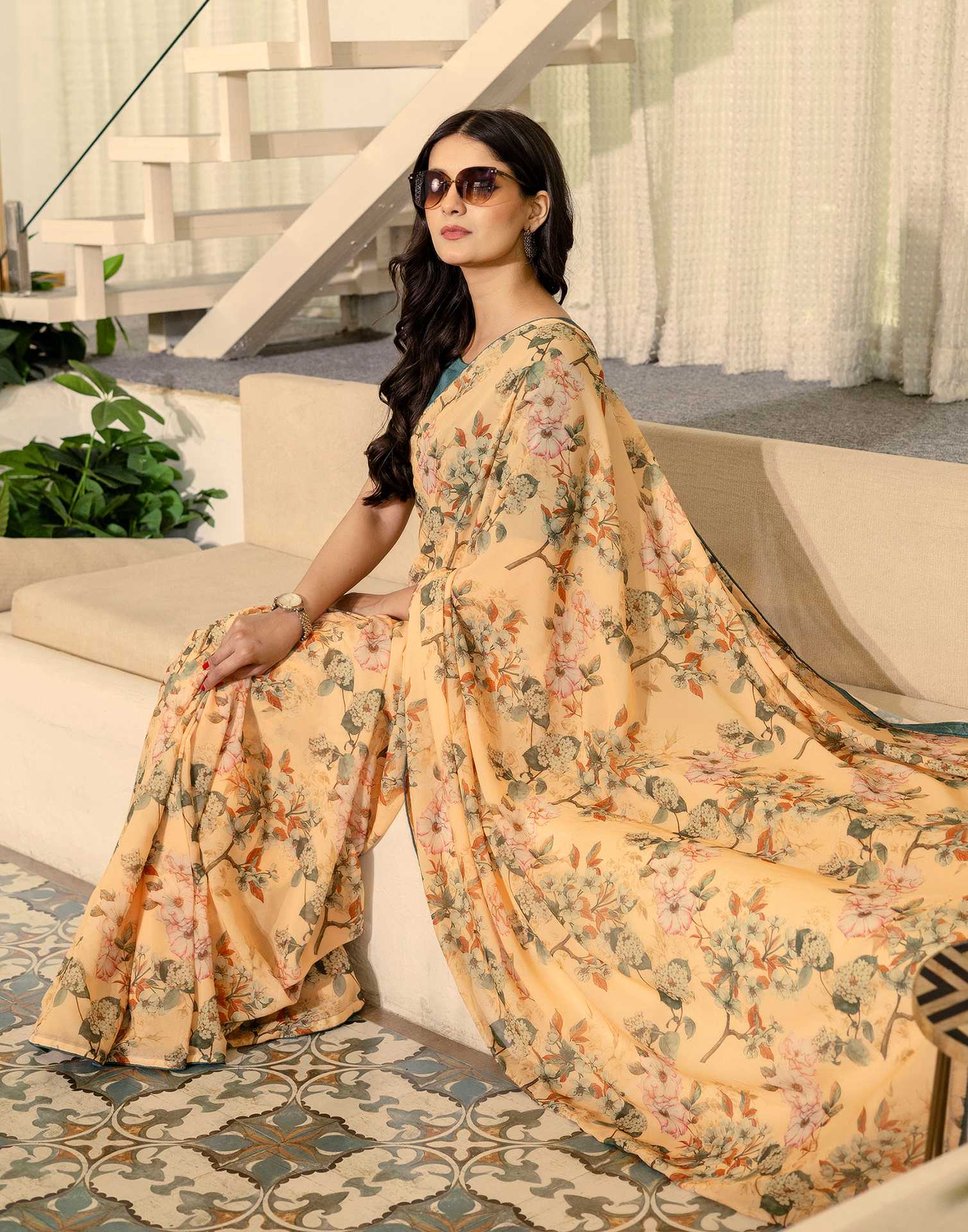Ready To Wear Multicoloured Georgette Floral Printed Saree - Image 7
