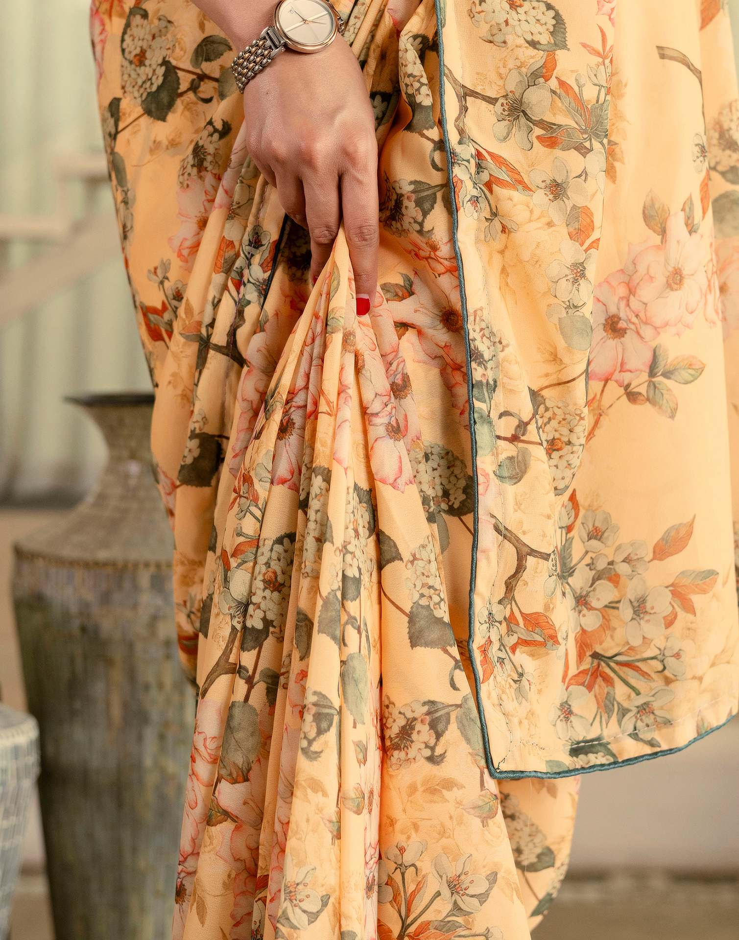 Ready To Wear Multicoloured Georgette Floral Printed Saree - Image 9