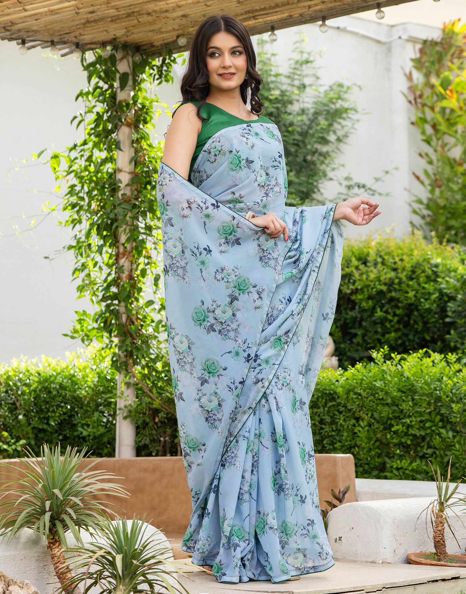 Ready To Wear Multicoloured Georgette Floral Printed Saree - Image 5