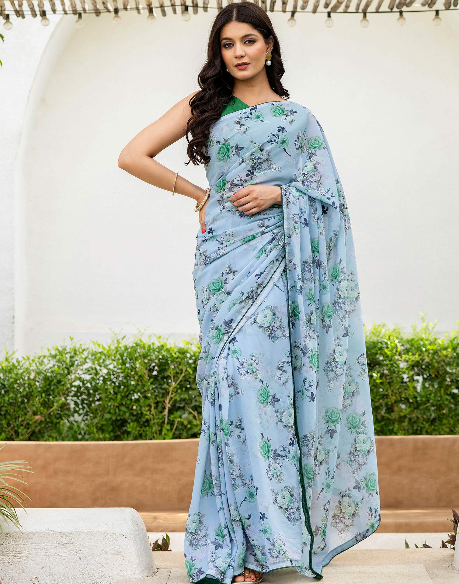 Ready To Wear Multicoloured Georgette Floral Printed Saree - Image 8