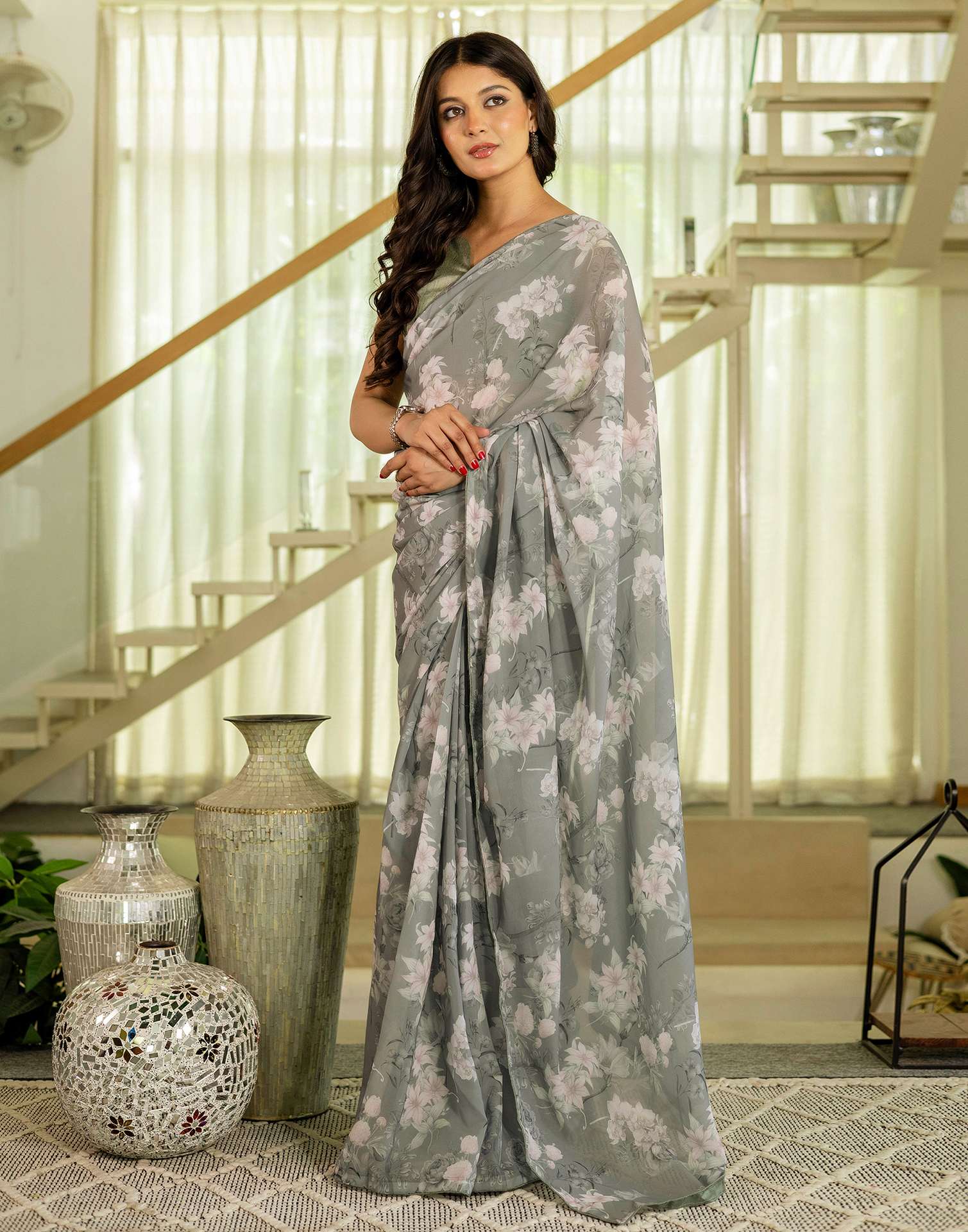 Ready To Wear Multicoloured Georgette Floral Printed Saree - Image 4