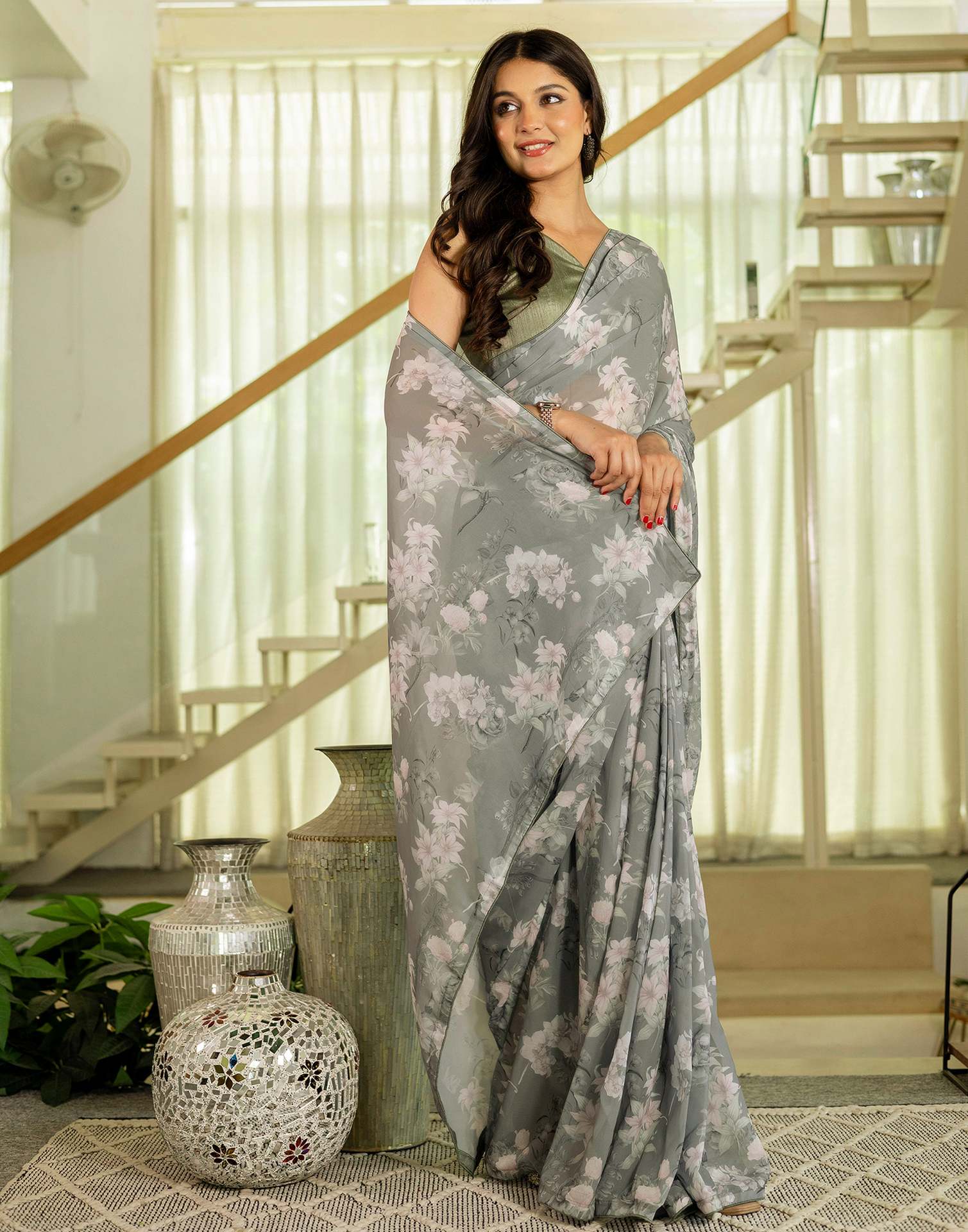 Ready To Wear Multicoloured Georgette Floral Printed Saree - Image 5