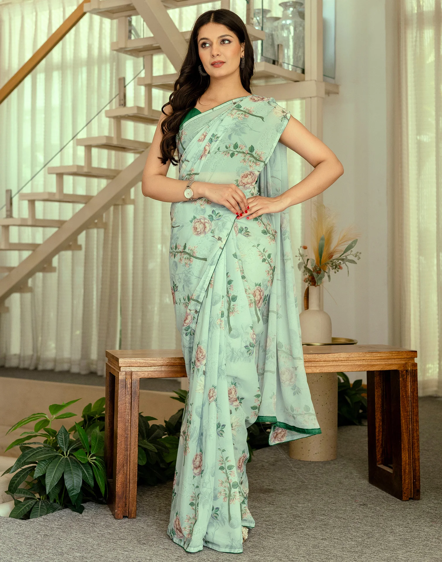 Ready To Wear Multicoloured Georgette Floral Printed Saree - Image 5