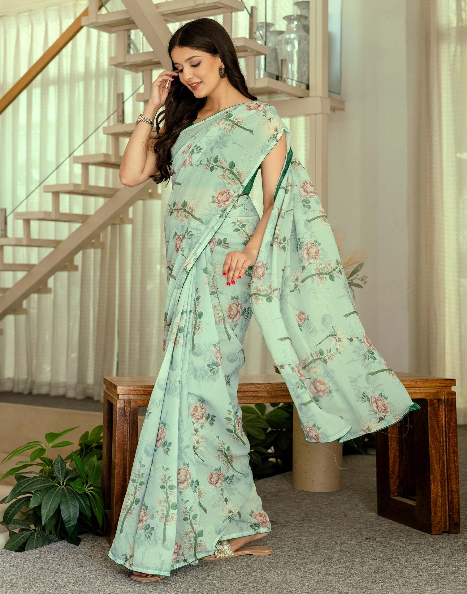 Ready To Wear Multicoloured Georgette Floral Printed Saree - Image 8