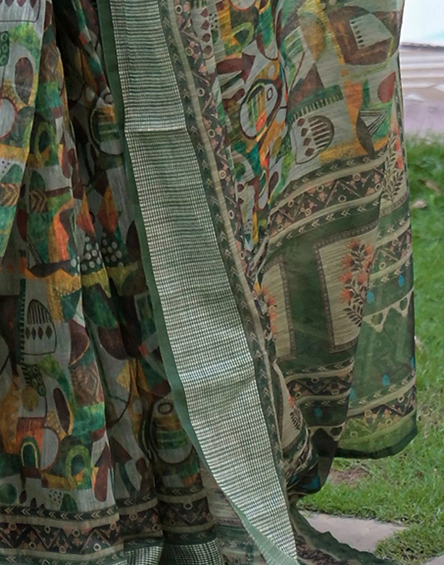 Ready To Wear Multicoloured Linen Printed Embroidery Border Saree - Image 10