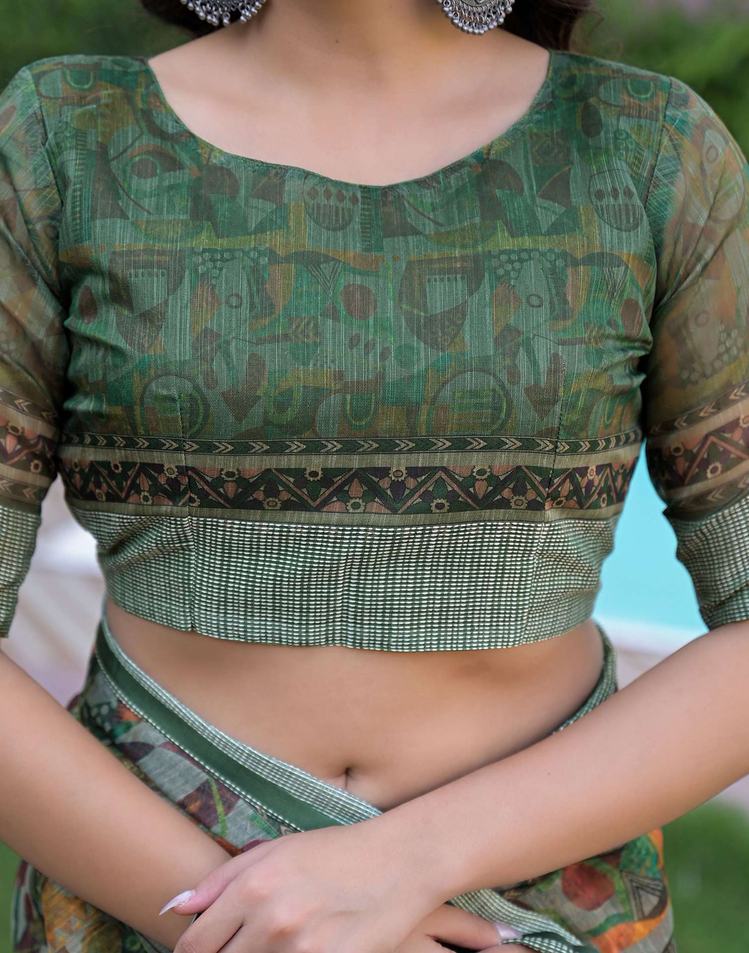 Ready To Wear Multicoloured Linen Printed Embroidery Border Saree - Image 11
