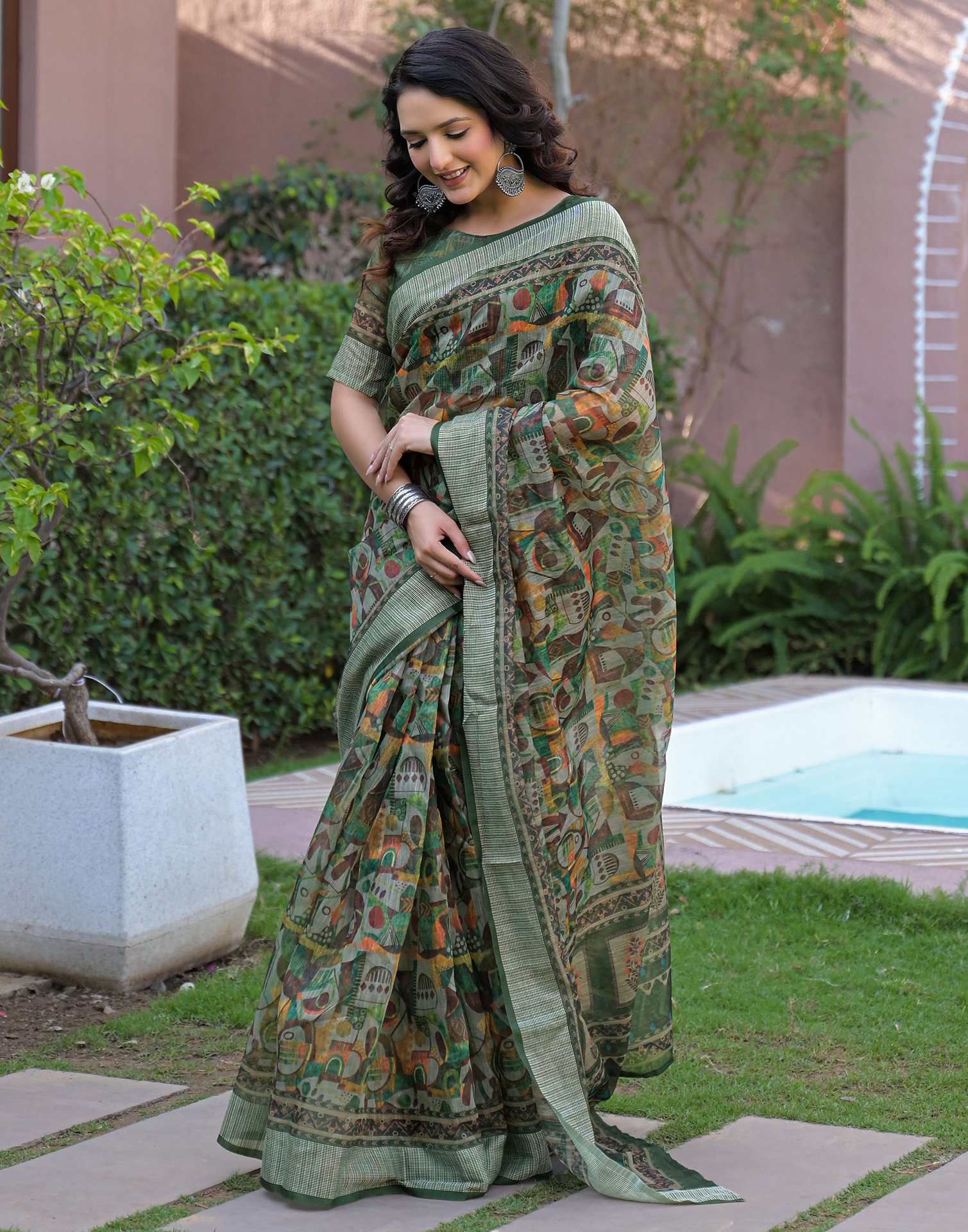Ready To Wear Multicoloured Linen Printed Embroidery Border Saree - Image 5