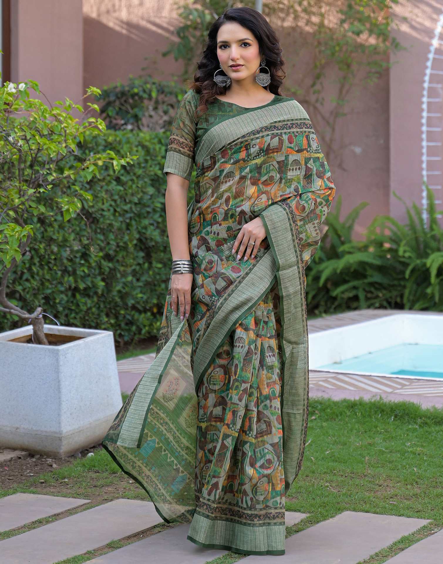 Ready To Wear Multicoloured Linen Printed Embroidery Border Saree - Image 6