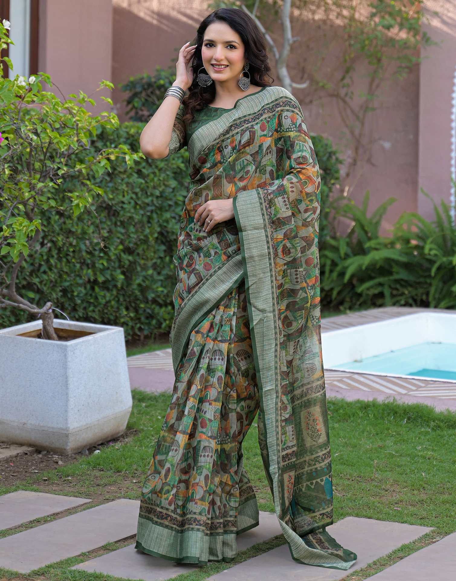 Ready To Wear Multicoloured Linen Printed Embroidery Border Saree - Image 9