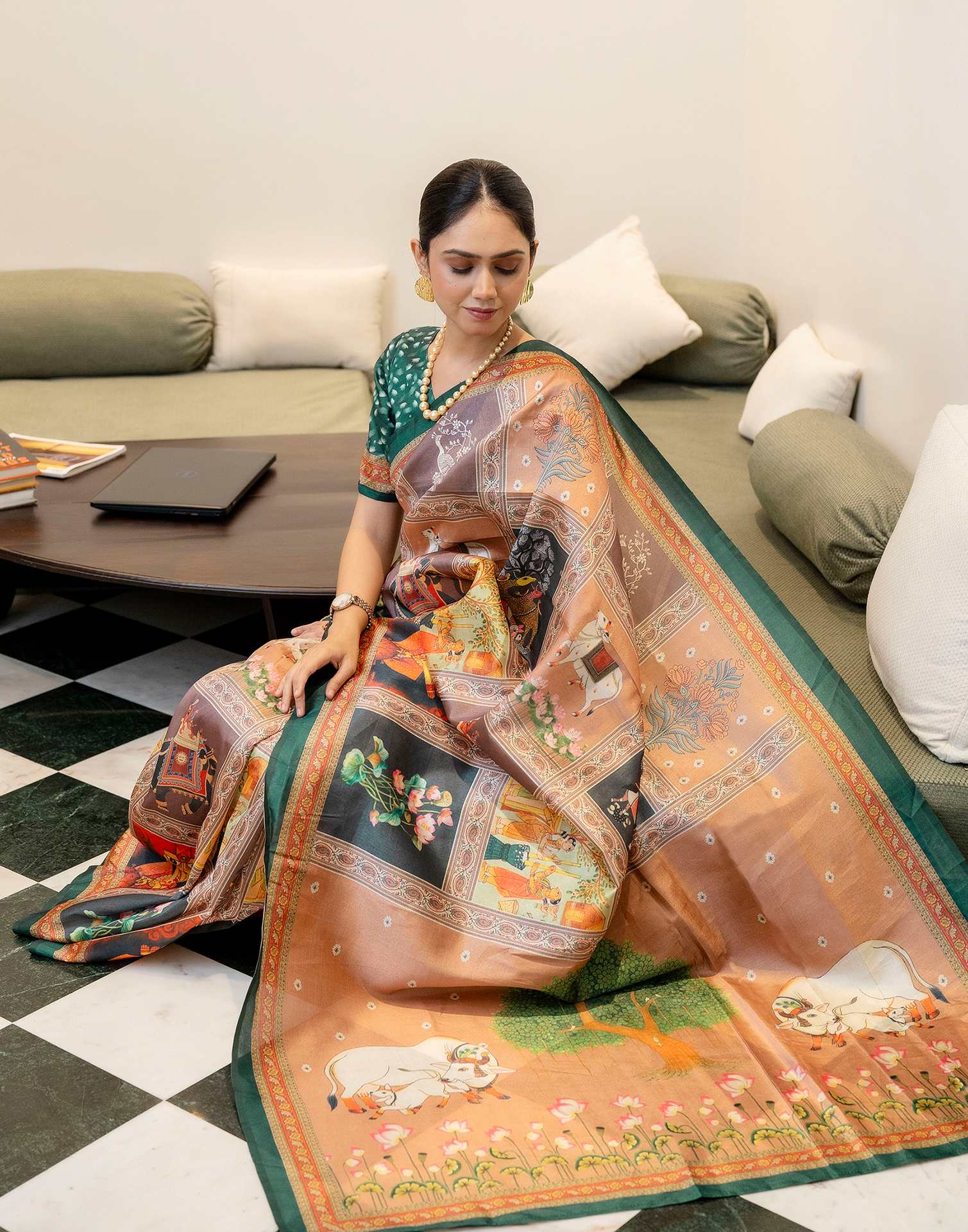 Ready To Wear Multicoloured Silk Printed Saree - Image 9