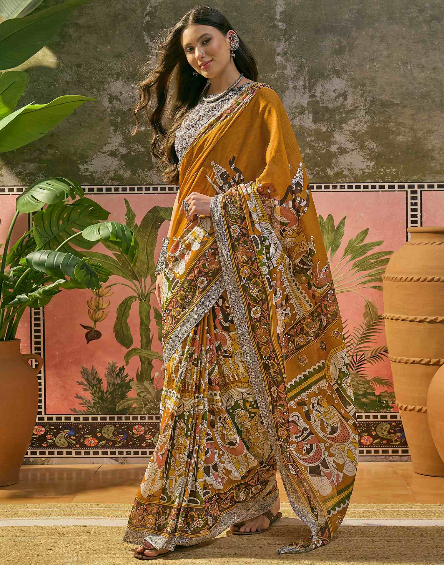 Ready To Wear Mustard Yellow Cotton Printed Saree - Image 4