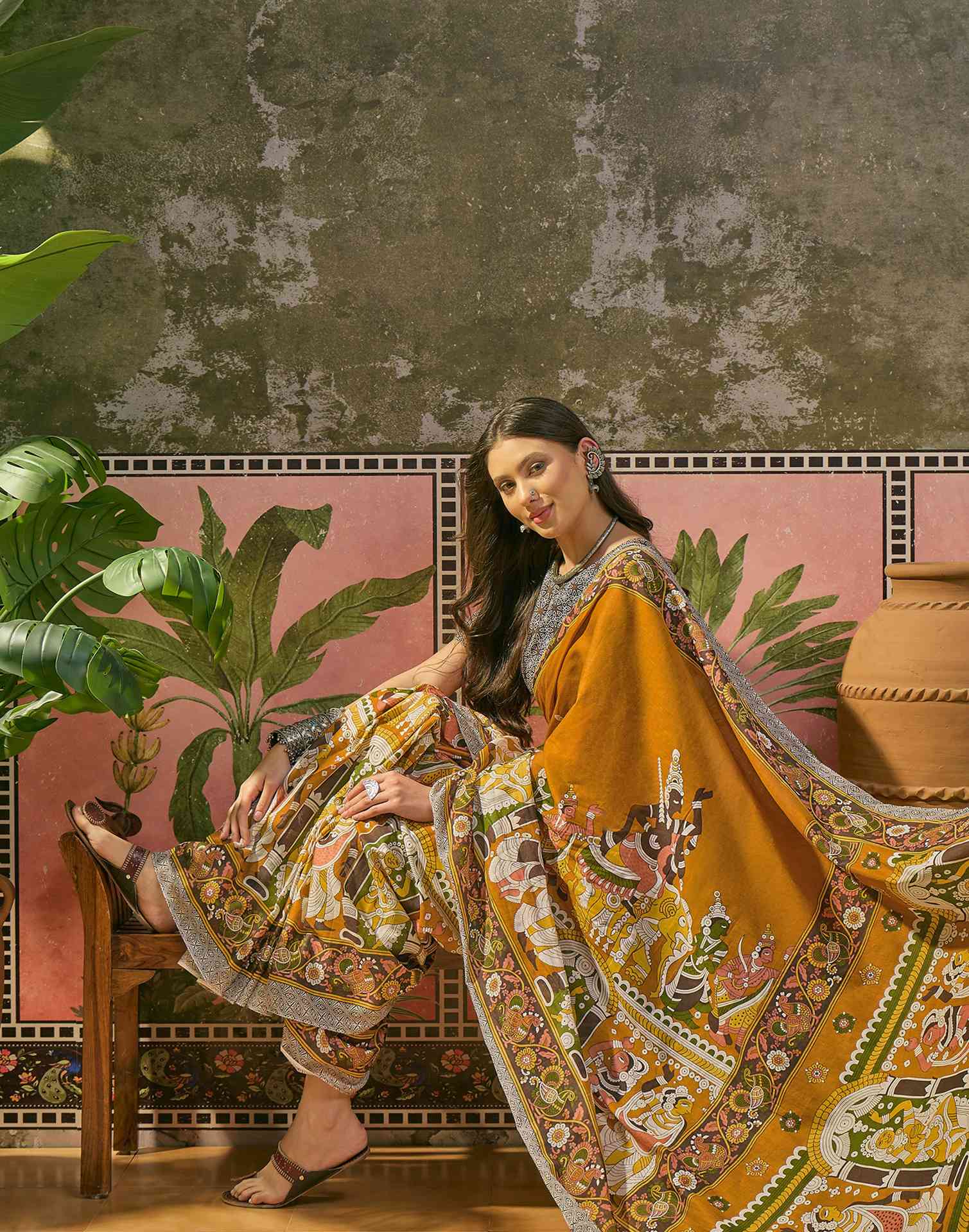 Ready To Wear Mustard Yellow Cotton Printed Saree - Image 7