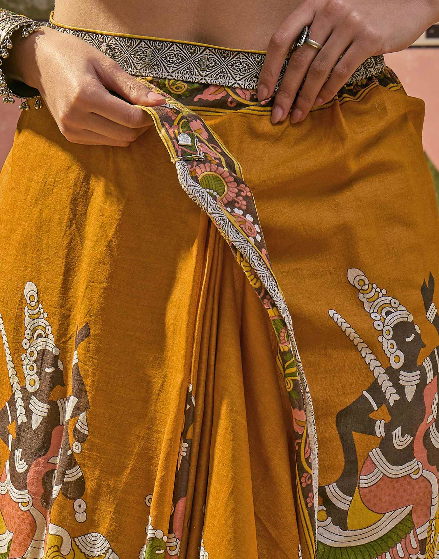 Ready To Wear Mustard Yellow Cotton Printed Saree - Image 8