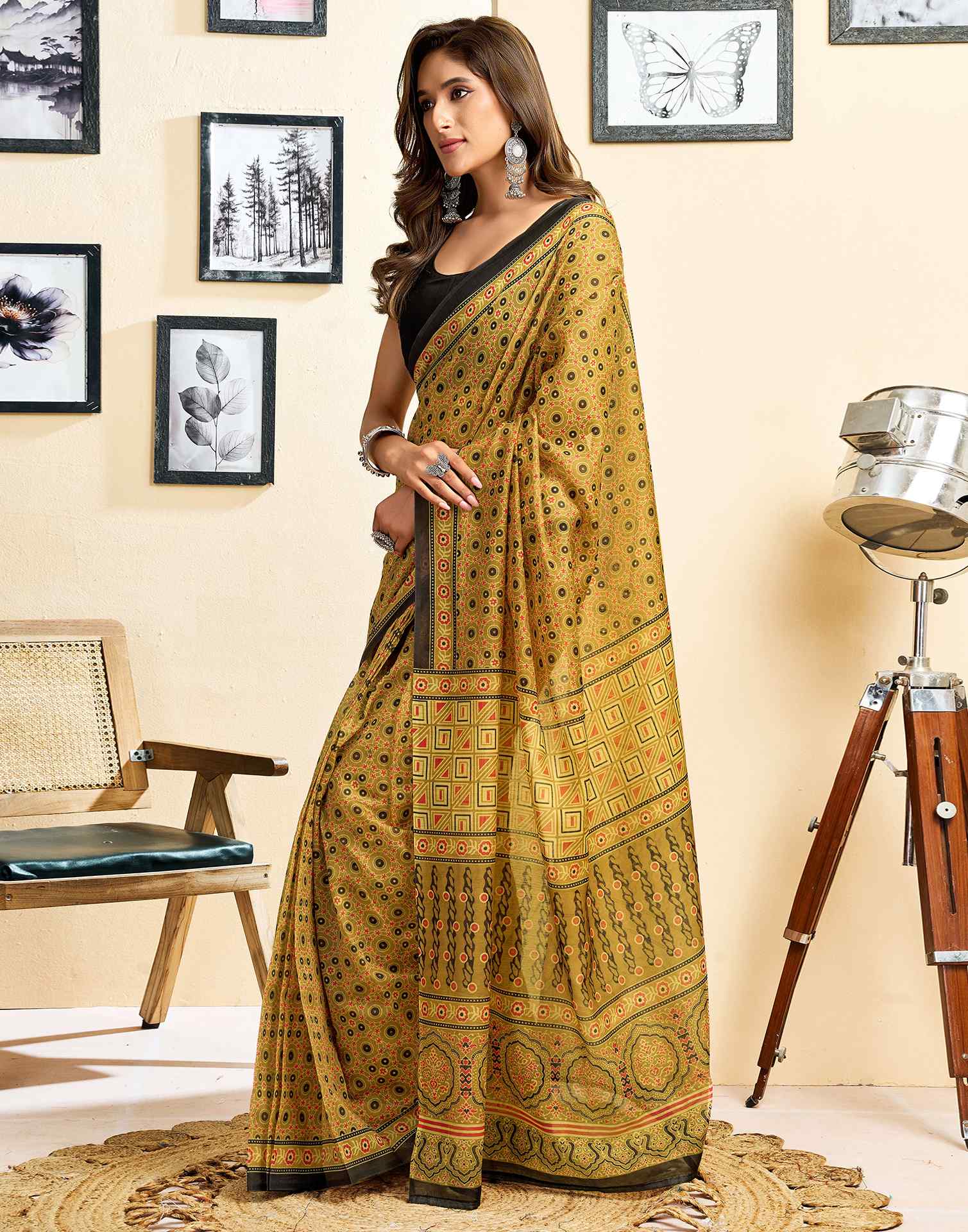 Ready To Wear Mustard Yellow Linen Printed Saree - Image 6