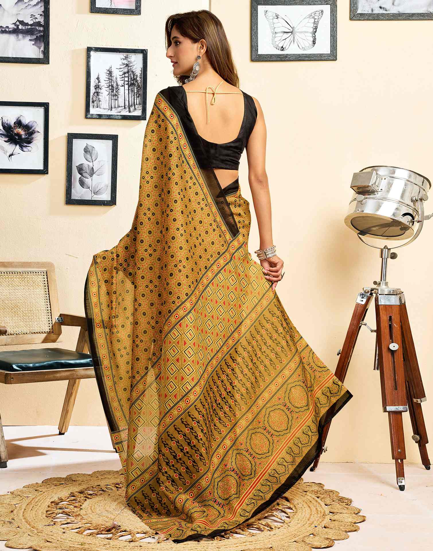 Ready To Wear Mustard Yellow Linen Printed Saree - Image 8