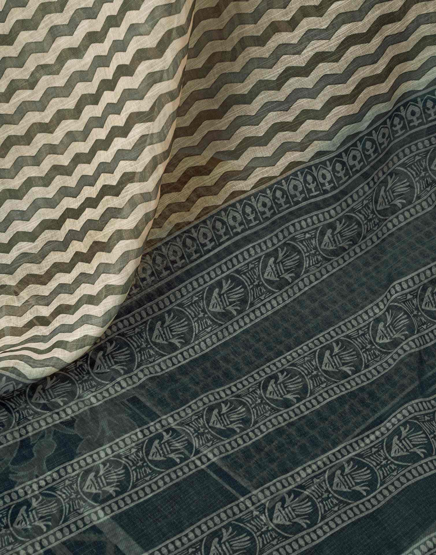 Ready to Wear Beige Linen Printed Saree With Pocket - Image 11
