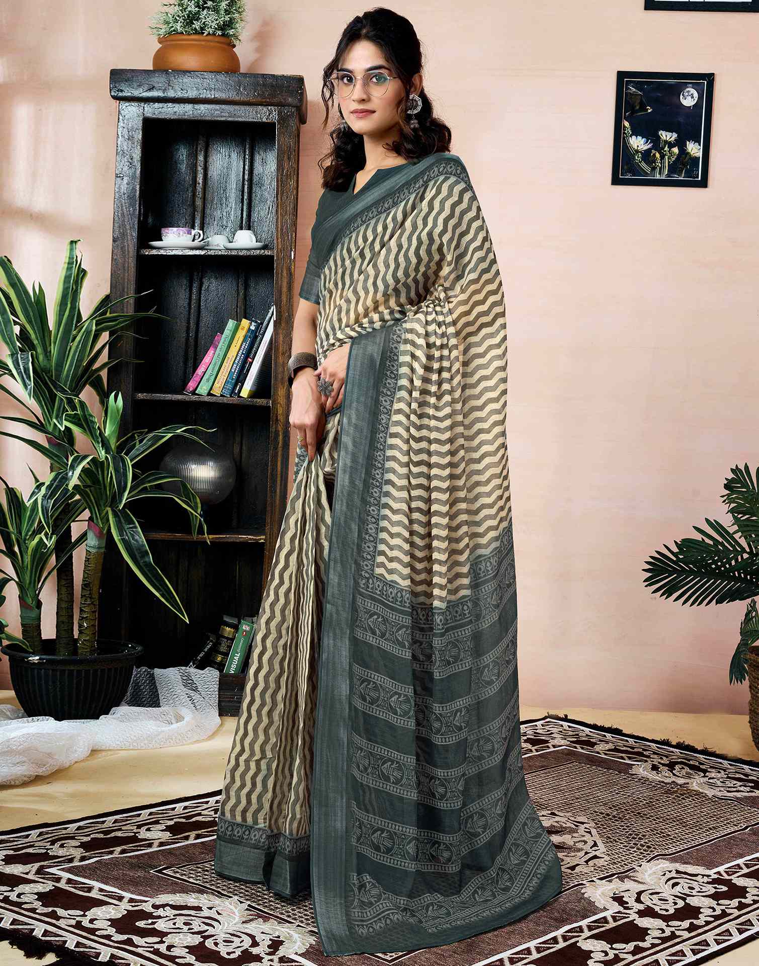 Ready to Wear Beige Linen Printed Saree With Pocket - Image 6