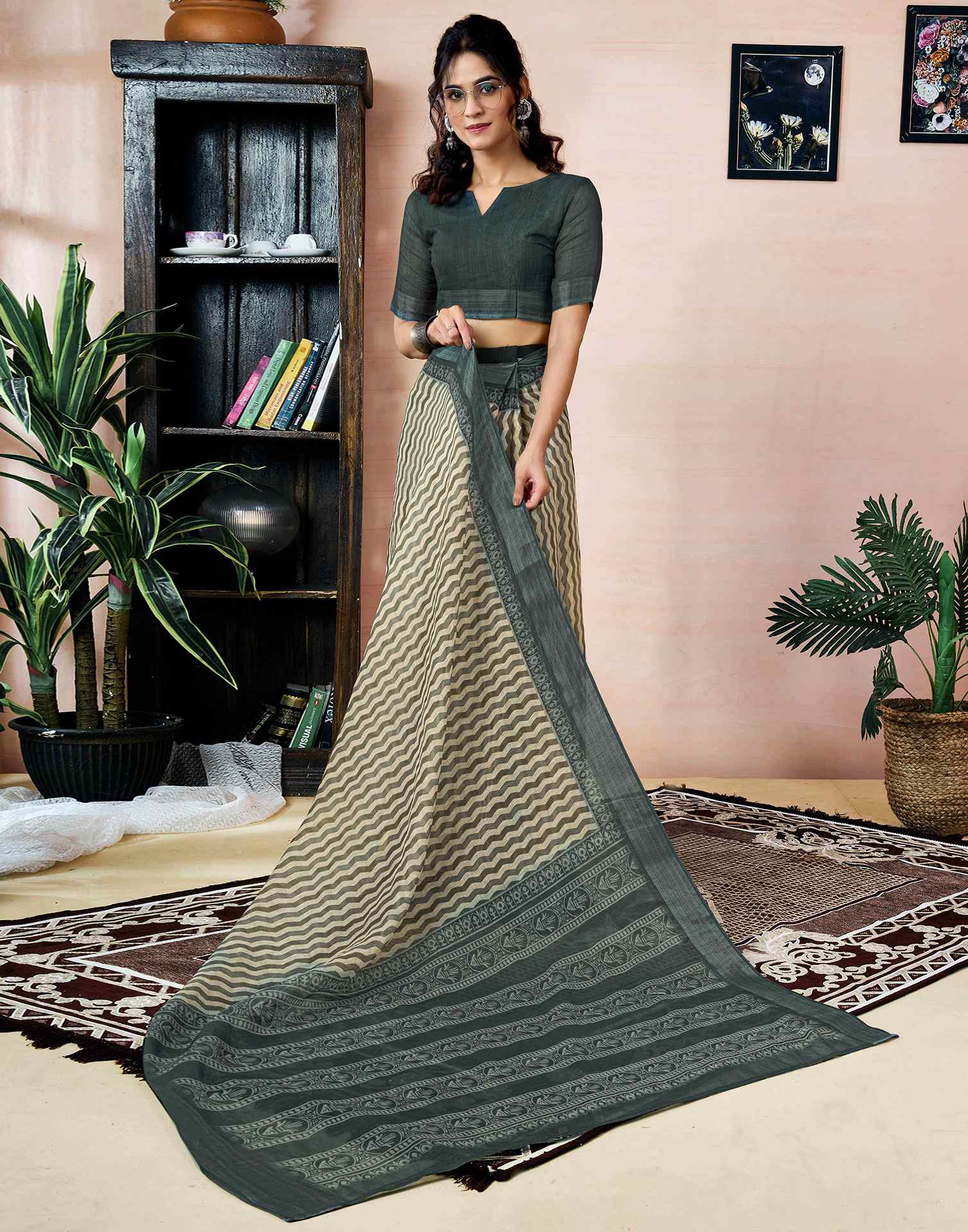 Ready to Wear Beige Linen Printed Saree With Pocket - Image 8