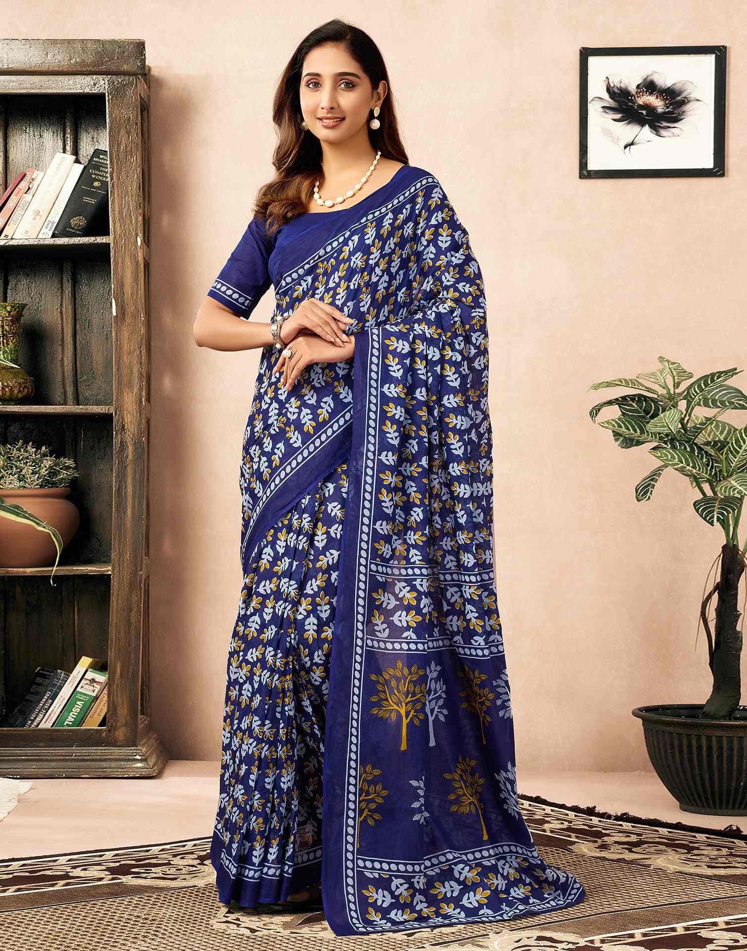 Ready To Wear Navy Blue Cotton Printed Saree - Image 2