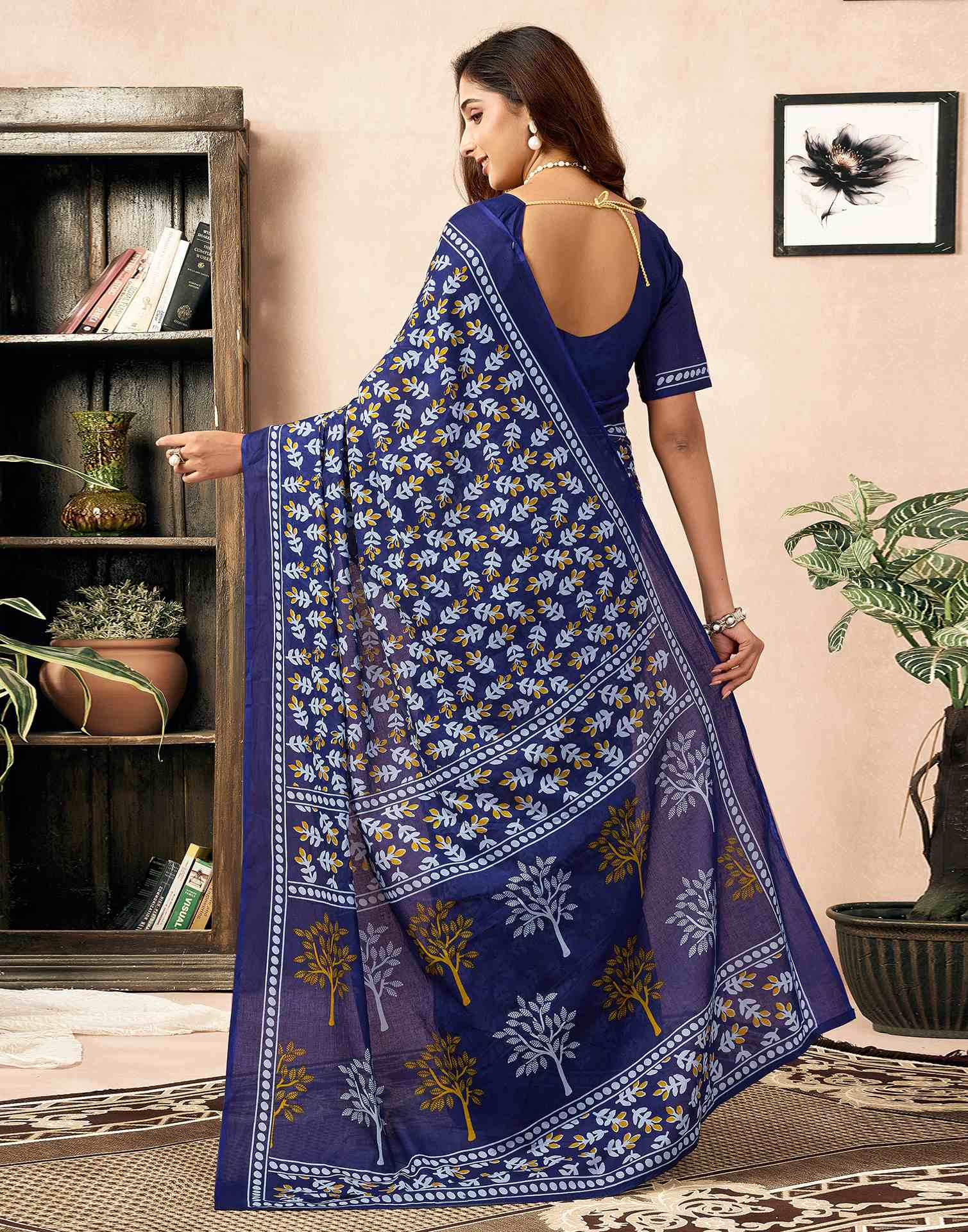 Ready To Wear Navy Blue Cotton Printed Saree - Image 6