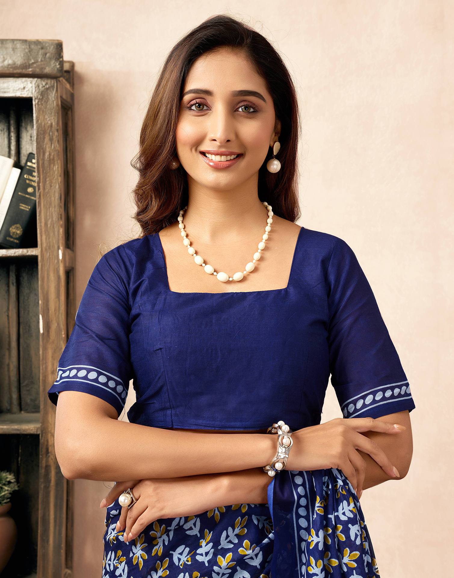 Ready To Wear Navy Blue Cotton Printed Saree - Image 8